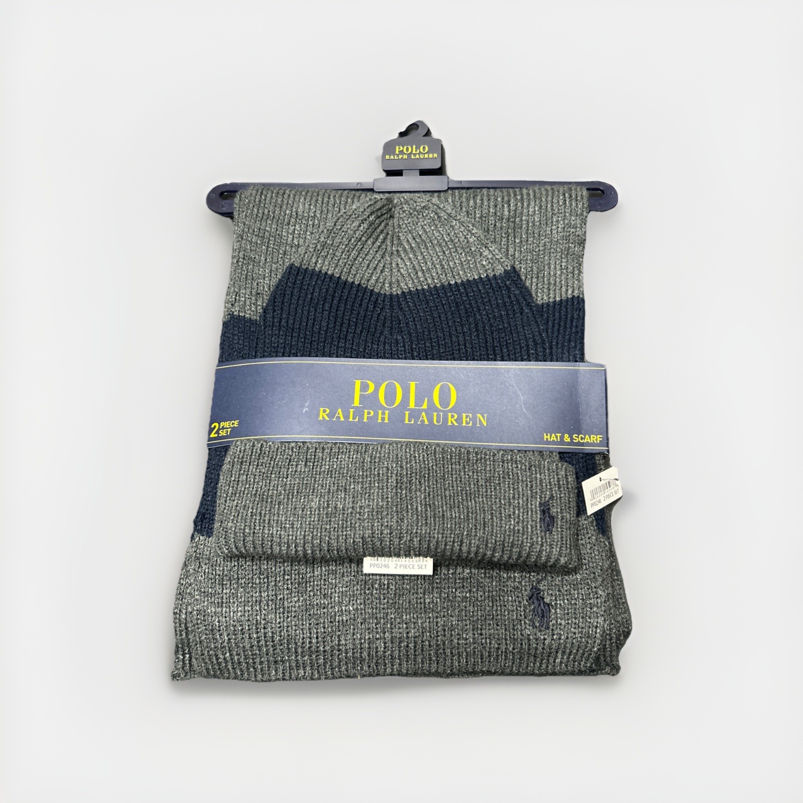 Polo Ralph Lauren Beanie Hat Scarf 2-Piece Set Gray Navy One Size NWT