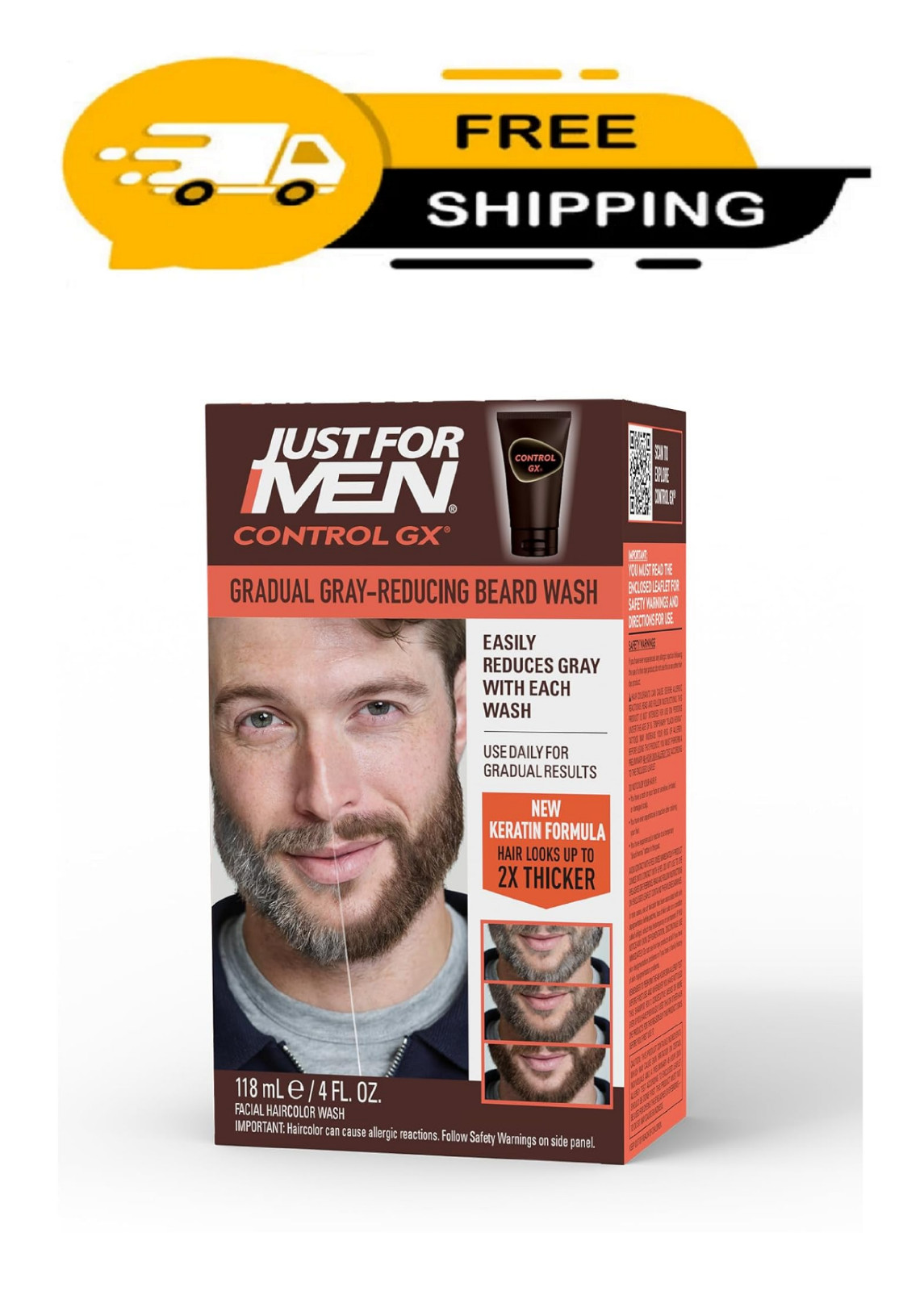 Just for Men Control GX Grey Reducing Beard Wash Shampoo with Keratin, Gradually