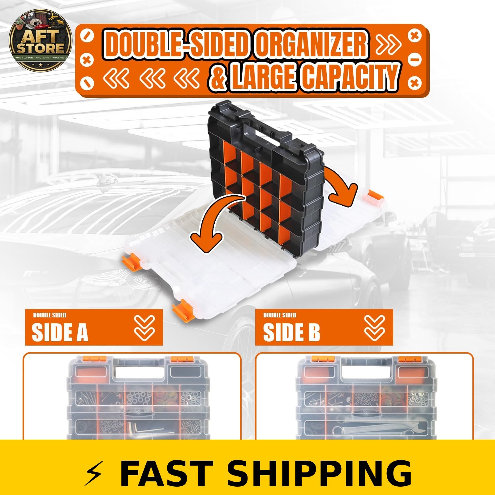 Jack Boss 34-Compartment Tool Box, Double Side Organizer, Orange, 2 Pack
