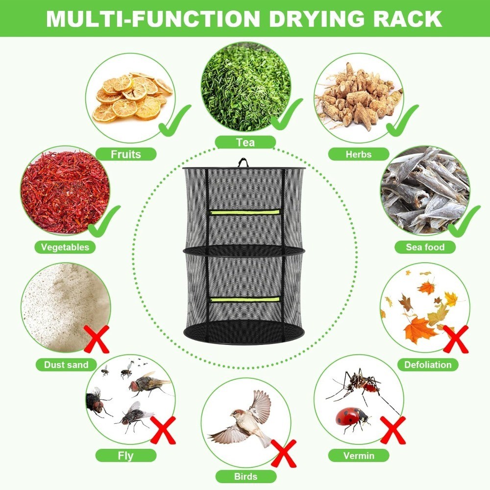 Collapsible Mesh Drying Rack 2 Layer Hanging Net with Zipper & Hooks for Herbs