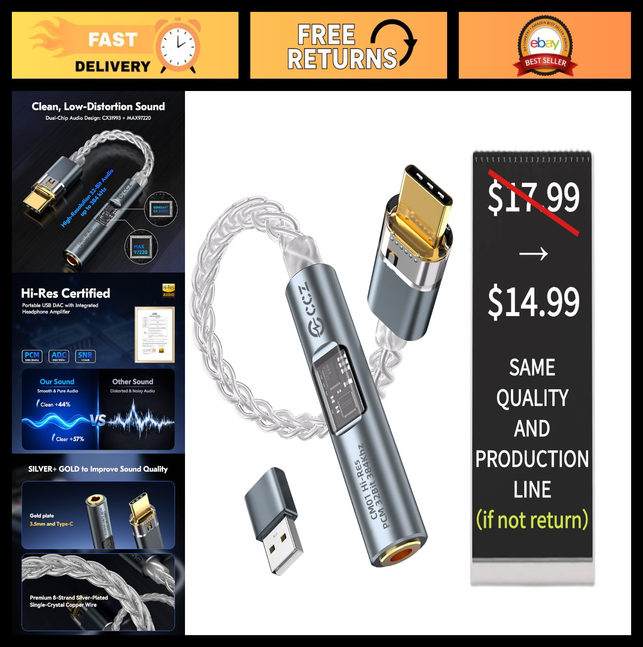 USB C DAC Audio Adapter with Headphone Amplifier, Type C to 3.5mm for Hi-Res Sou