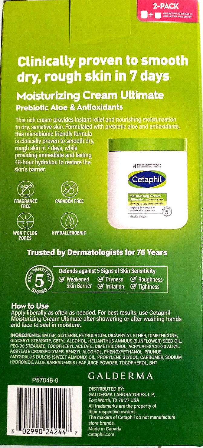 Cetaphil Moisturizing Cream Ultimate with Prebiotic Aloe, 2 Pack (20 Oz + 16 Oz)