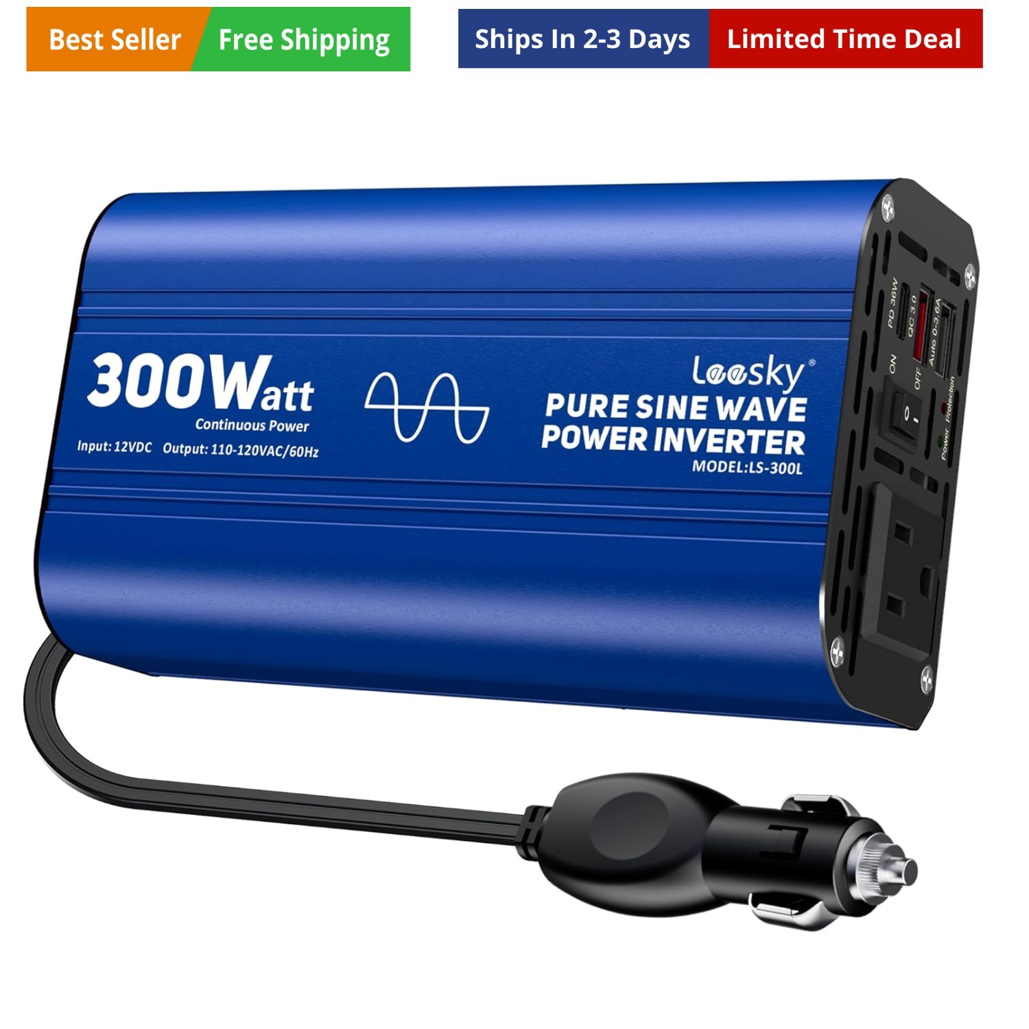 300 watt Pure Sine Wave Car Inverter 12V DC to 110V AC Power Inverter Convert...