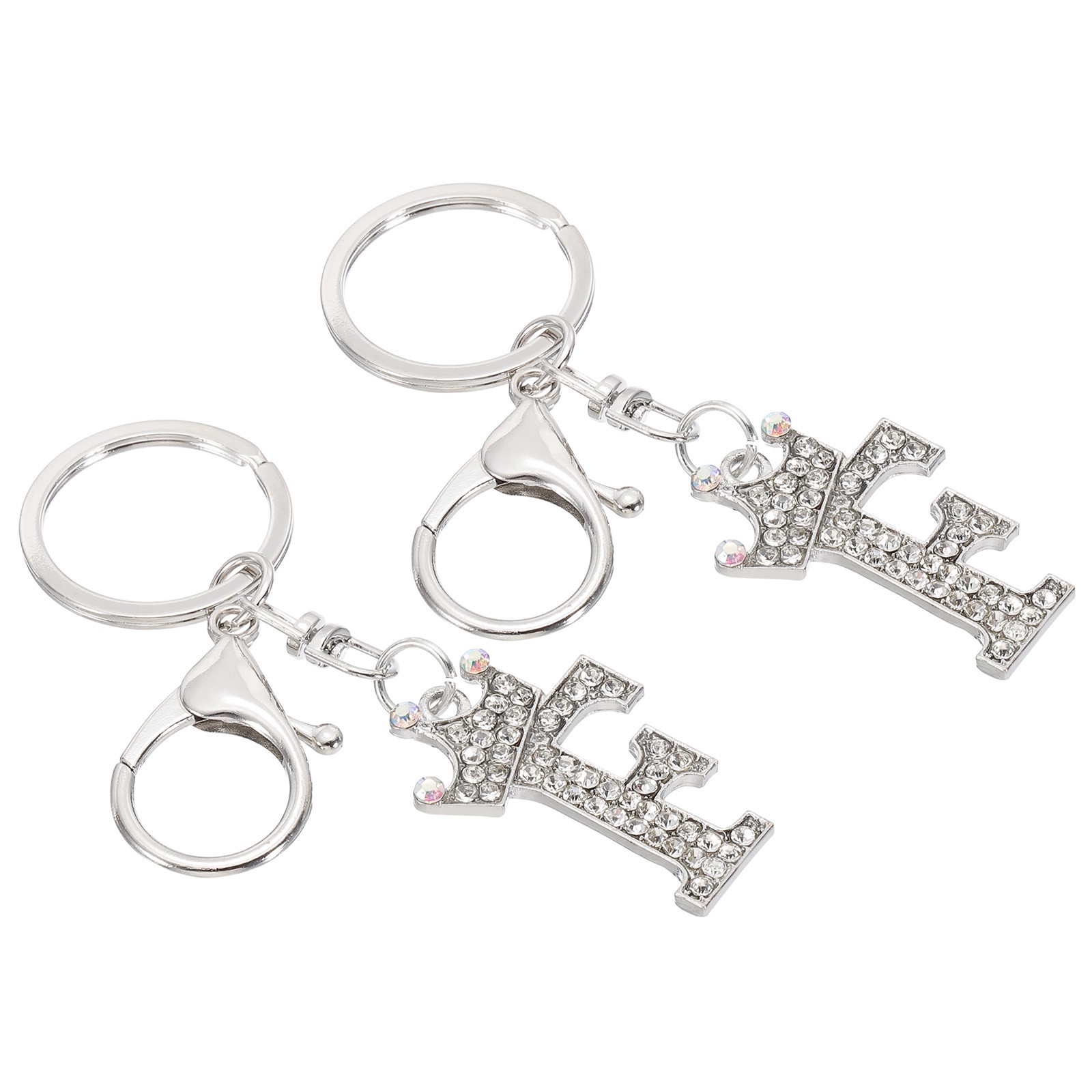 Initial Letter Keychain, 2 Pcs Letter F Crown Design Charm, Silver Tone