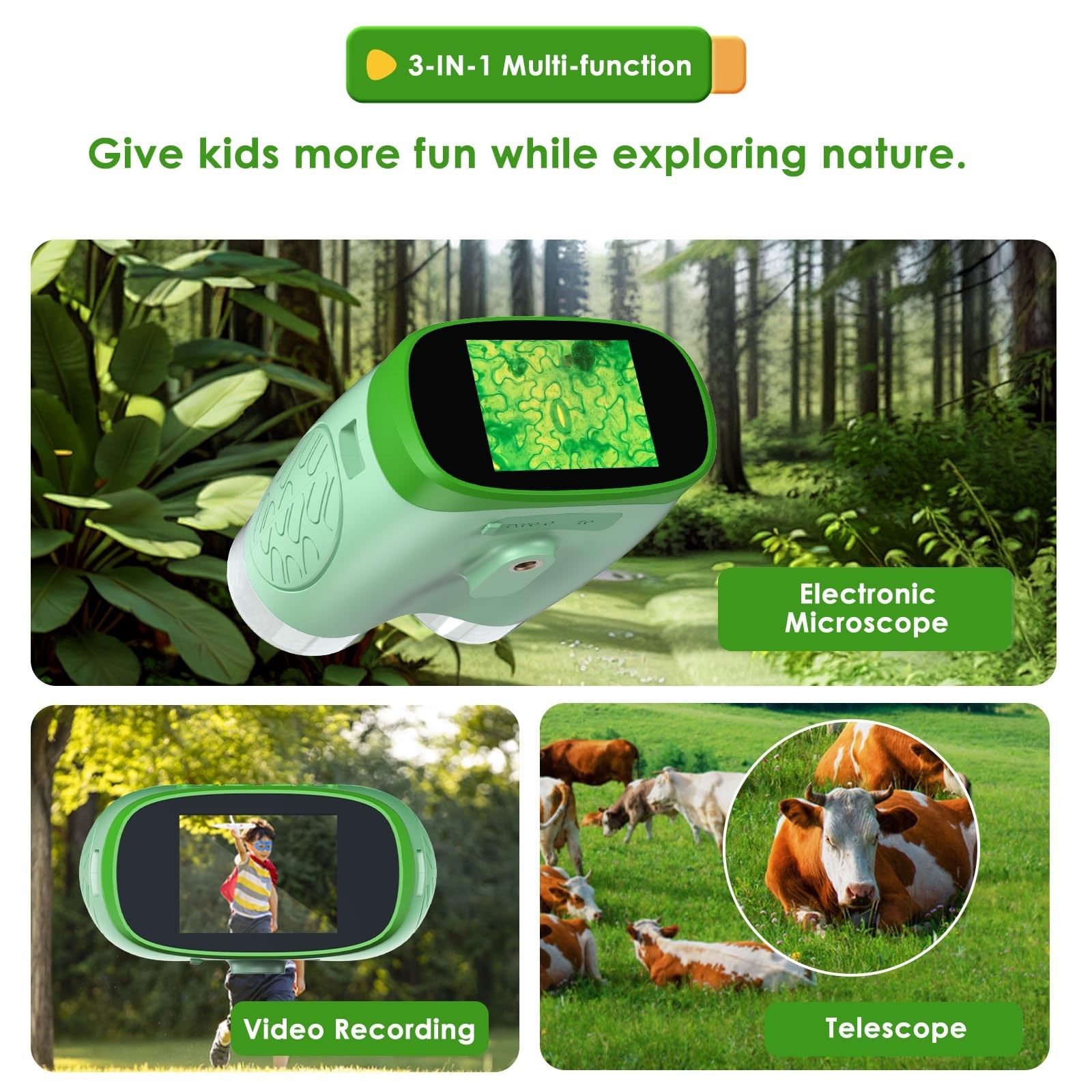 Digital Microscope for Kids, 3-in-1 2" IPS Screen Handheld Electronic Microsc...