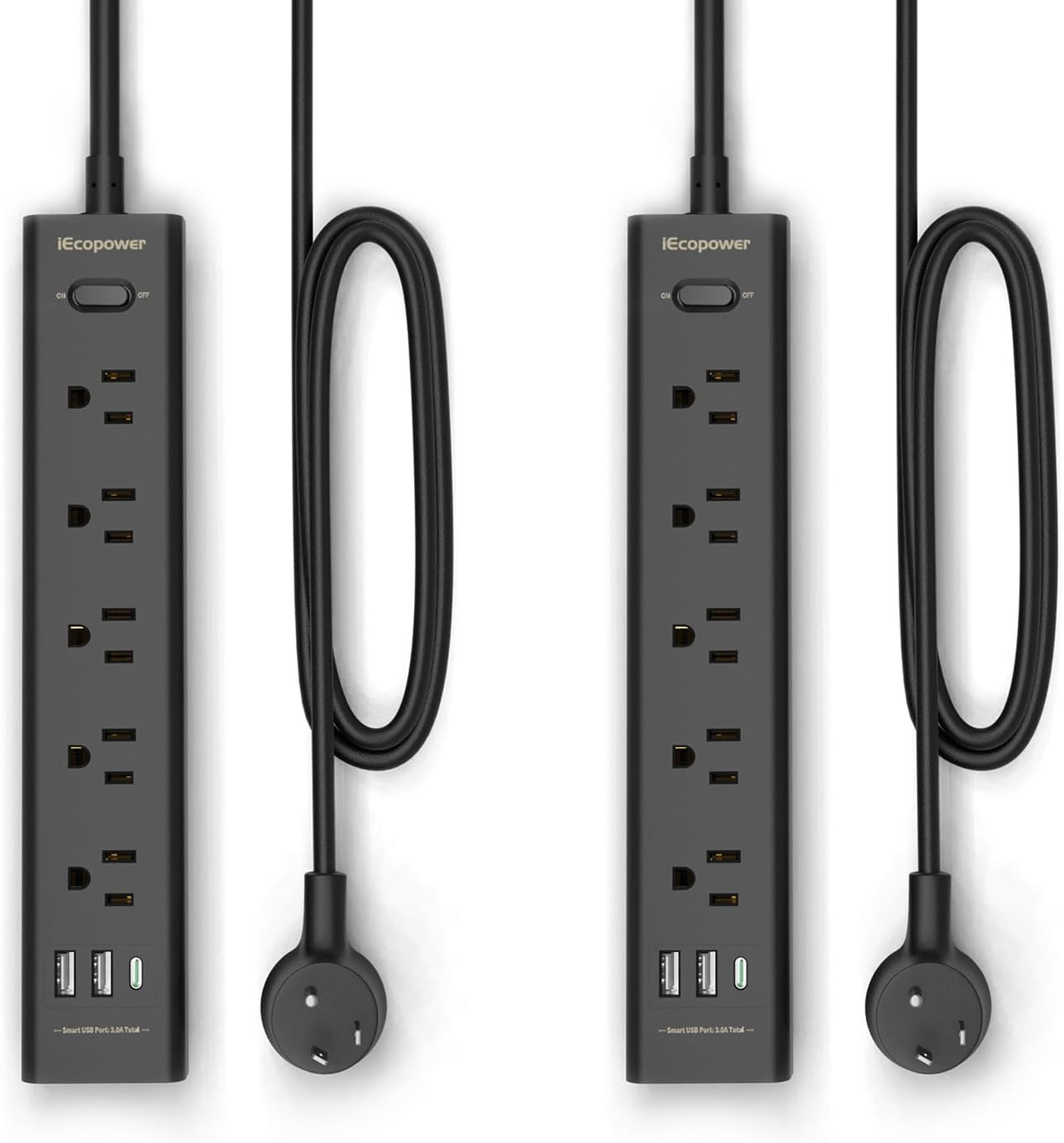 10FT Surge Protector Power Strip, 5 Outlets & 3 USB Ports, 2 Pack