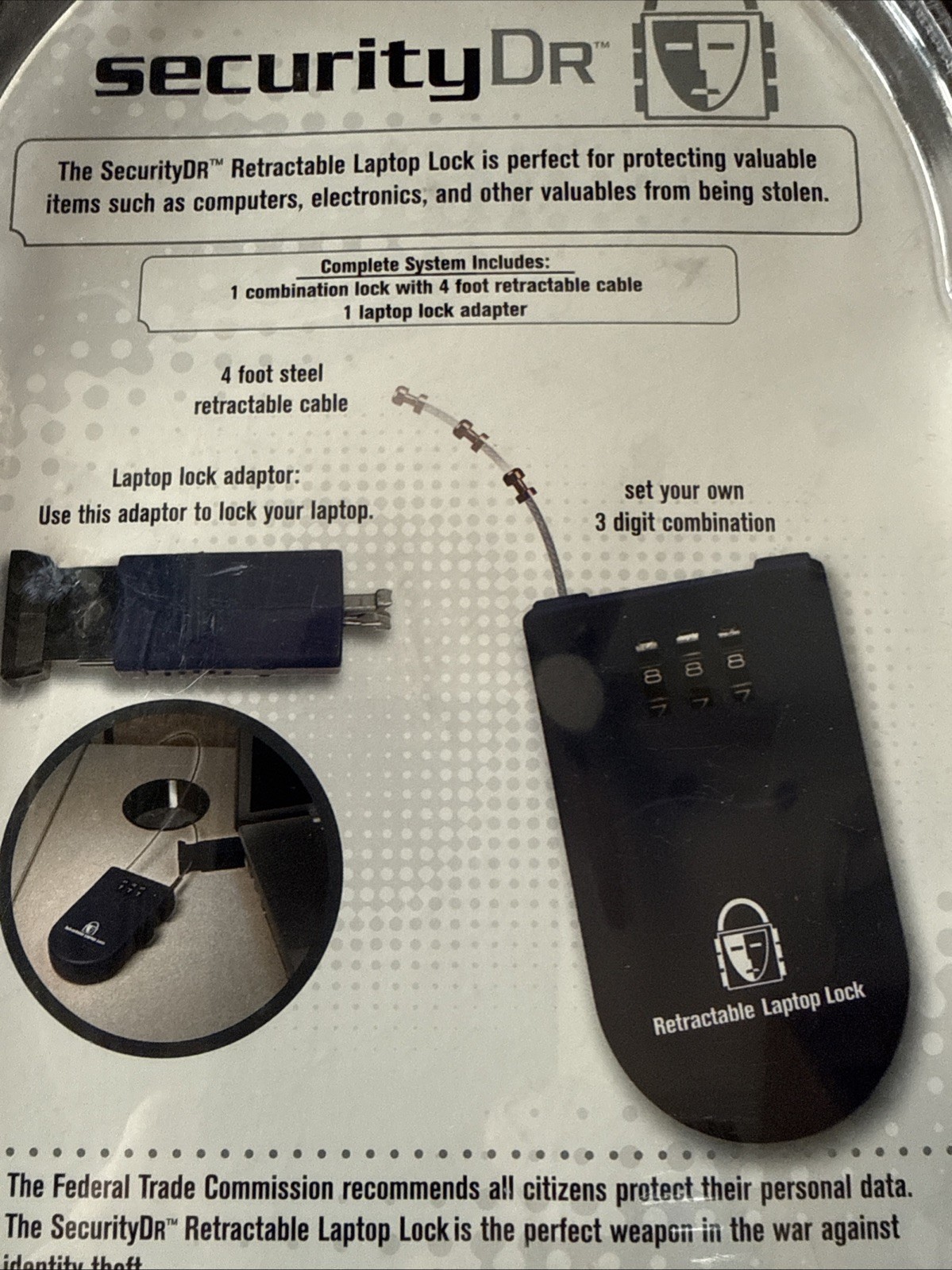 Security DR. Retractable Laptop Lock Clamshell Packaging NEW SEALED