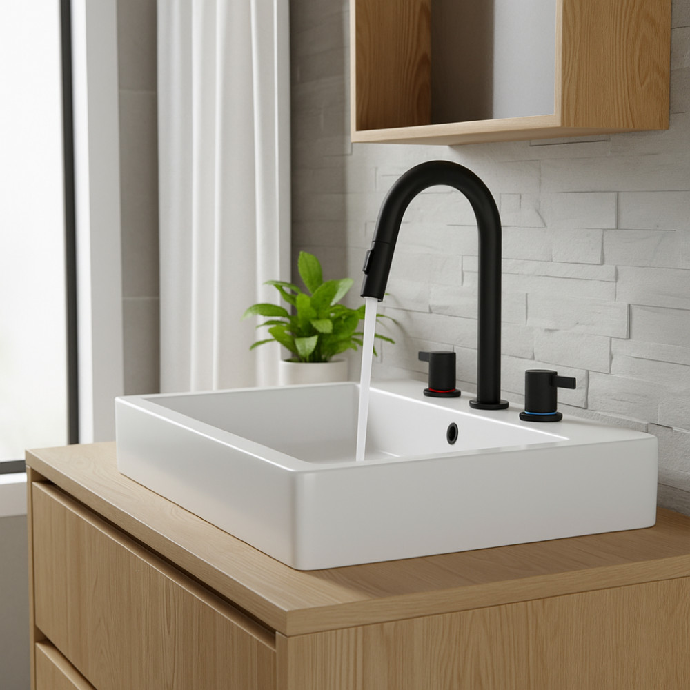 8" Widespread Lavatory Faucet, Matte Black, 2 Handles, Pull-Down Sprayer & Drain