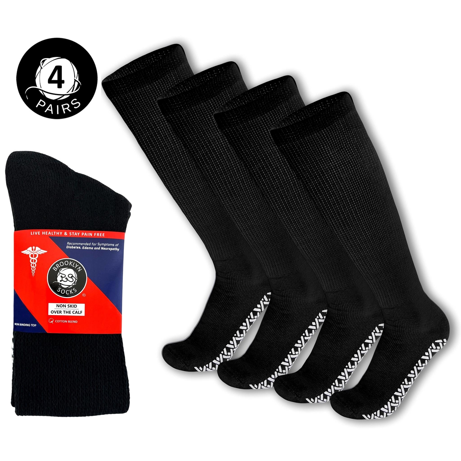 4 Pairs of Non-Skid Over-The-Calf Diabetic Cotton Socks - Size 9-12