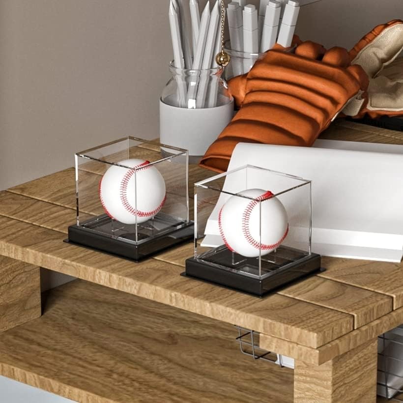 2Pcs Baseball Holder Display Case Cube with Stand UV Protection Cube