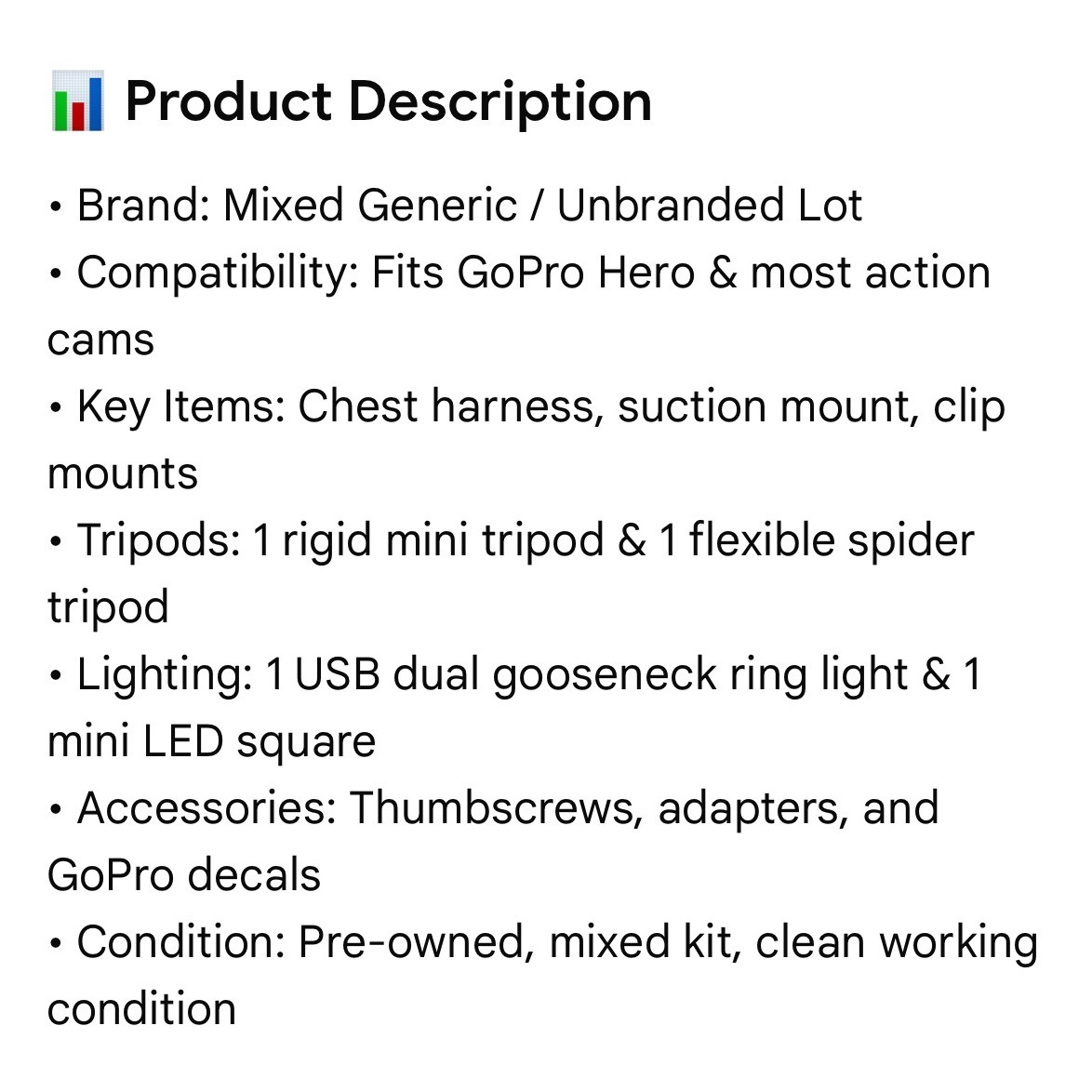 Action Camera Accessory Lot Chest Mount Mini Tripod LED Ring Light Suction Cup