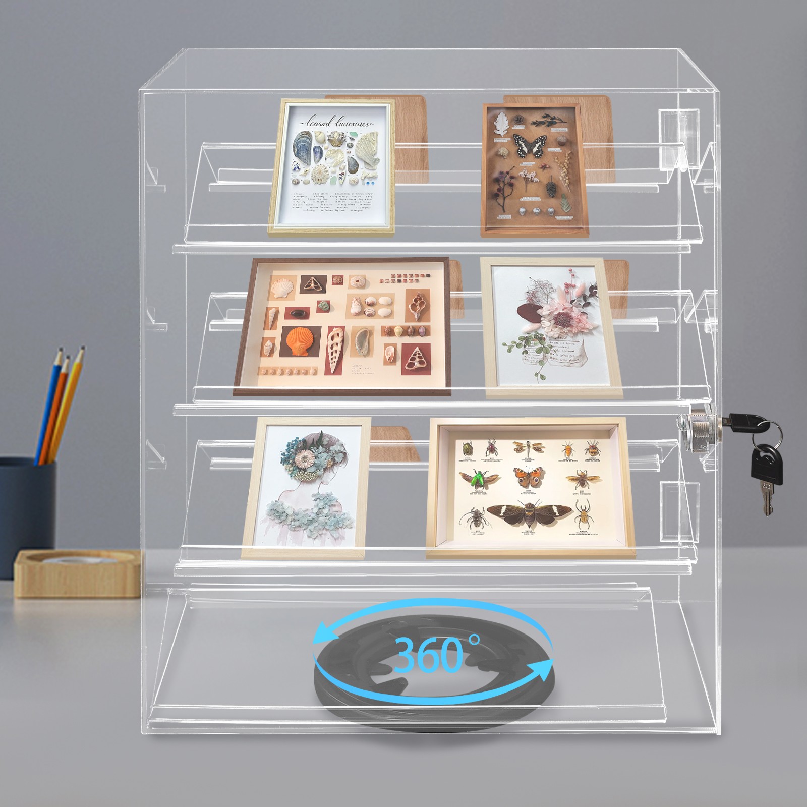 4 Tier 360° Rotation Acrylic Locking Box Clear Display Case Dust-proof Showcase