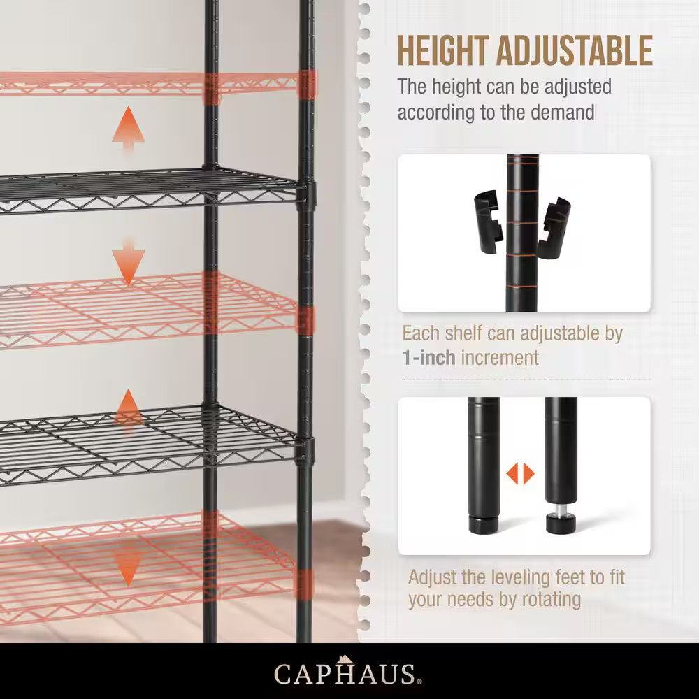 Black 4-Tier Adjustable Height Welded Steel Garage Storage Shelving Unit with Li