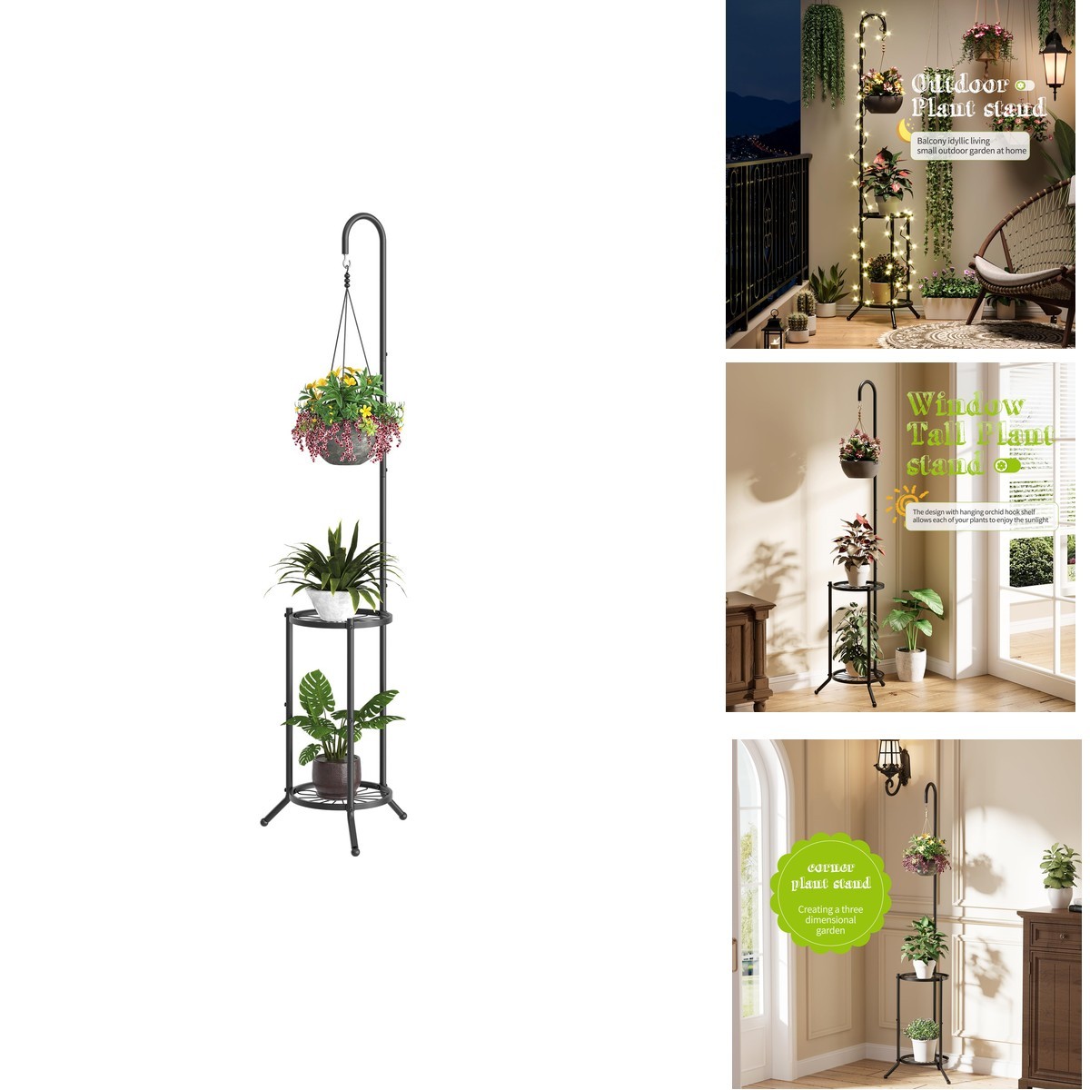 BMOSU Plant Stand with Hooks 3-Tier Heavy-Duty Metal Corner Rack Black