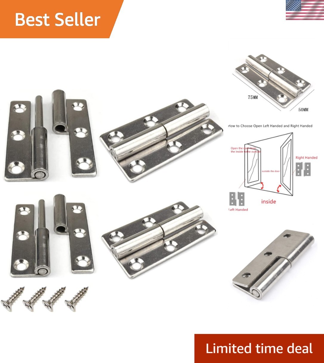 304 Stainless Steel Lift-Off Door Hinges - 4 Pack for Internal & External Use
