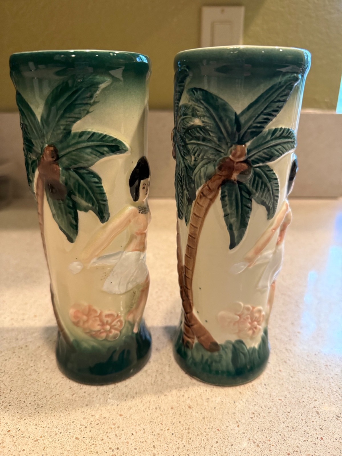 Vtg Harvey's Lake Tahoe “Sneaky Tiki” 2 Ceramic Mugs “Sail w/Harvey’s” Hula Girl