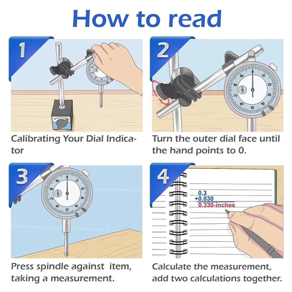 Dial Indicator with Magnetic Base 0.001"Precision Gauge Test Indicator Point Set
