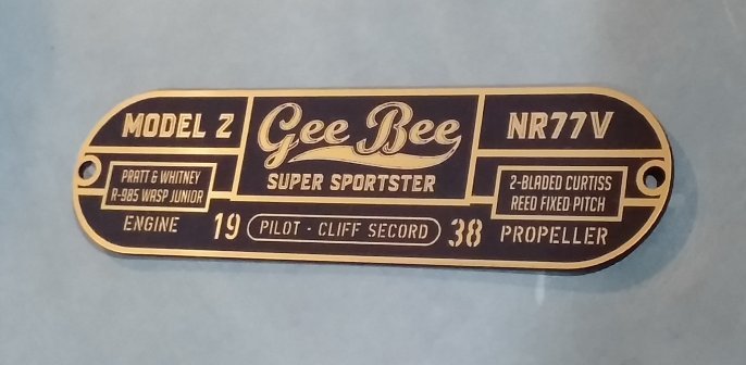 ROCKETEER GEE BEE SERIAL DATA PLATE PROP AIRPLANE Z AIR RACES