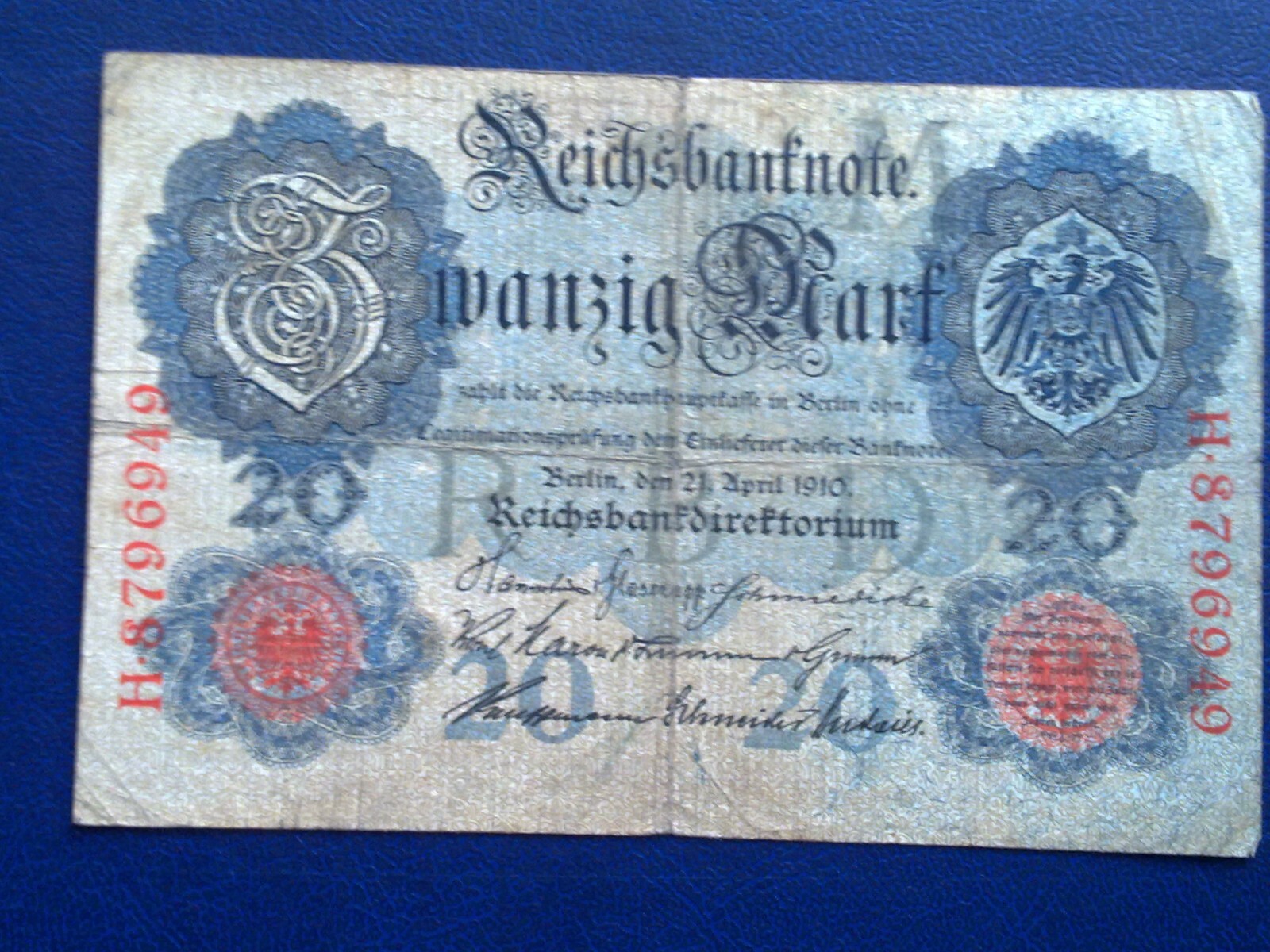 1910 GERMAN 20 MARK BANKNOTE-VERY GOOD