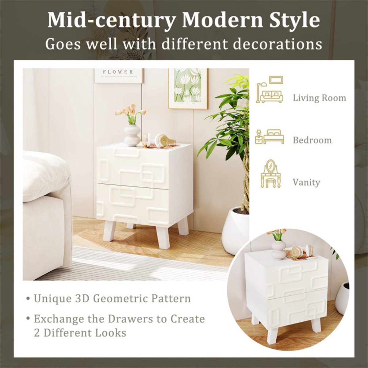 White Modern Nightstand Side Table with Drawers