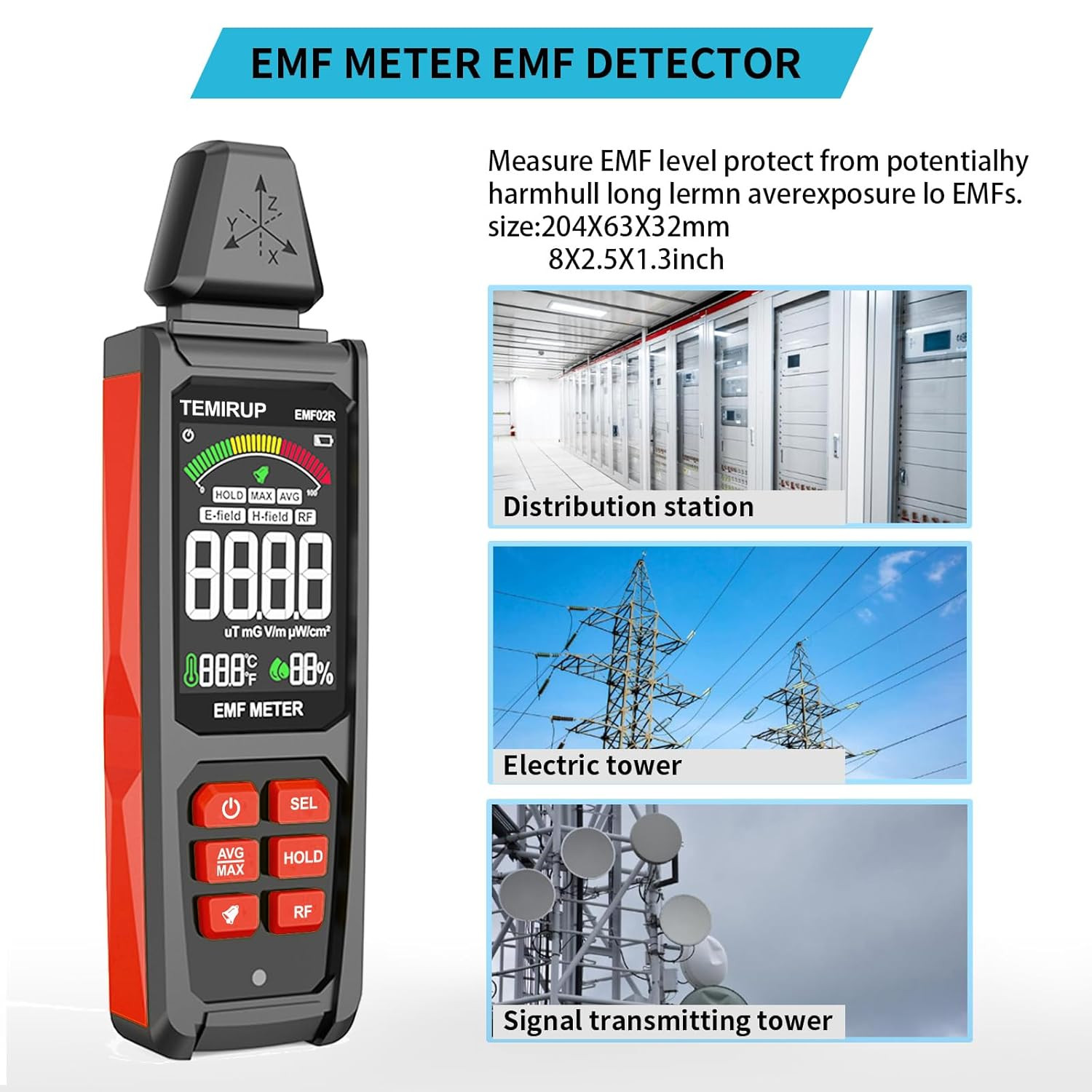 EMF Detector, TEMIRUP 5 in 1 Handheld EMF Meter Radiation Detector, Detects EF,