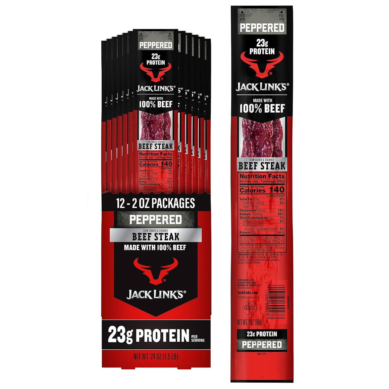 Peppered Beef Jerky Steaks Ready to Eat Protein Snacks 23g per Serving 12 Pack