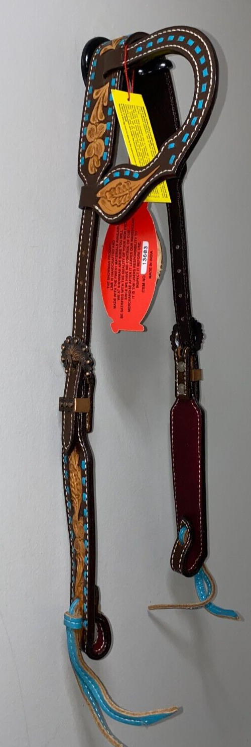 NWT SHOWMAN ONE EAR TURQUOISE STITCHED FLORAL TOOLED WESTERN HEADSTALL #13603