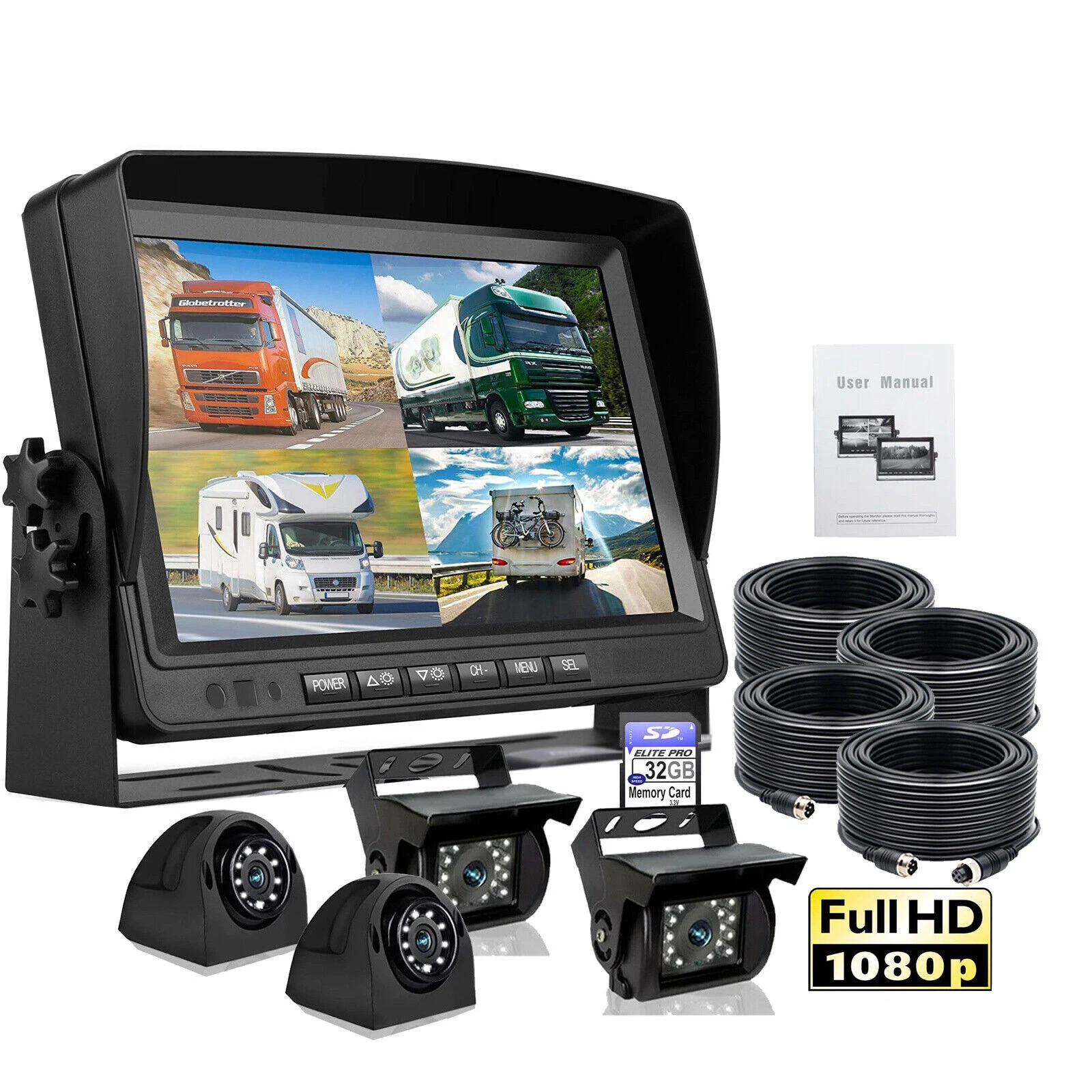 Dash Cam 9" Quad DVR Monitor AHD 1080P Backup Camera 32GB for Truck Caravan RV