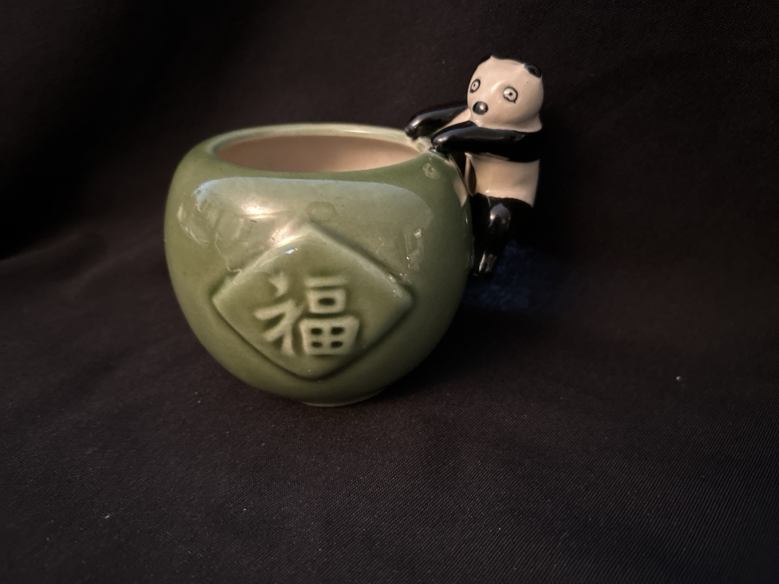 FF Fishermens Fortune Pottery Jade Green Panda Bear Climbing Planter Vase. Used