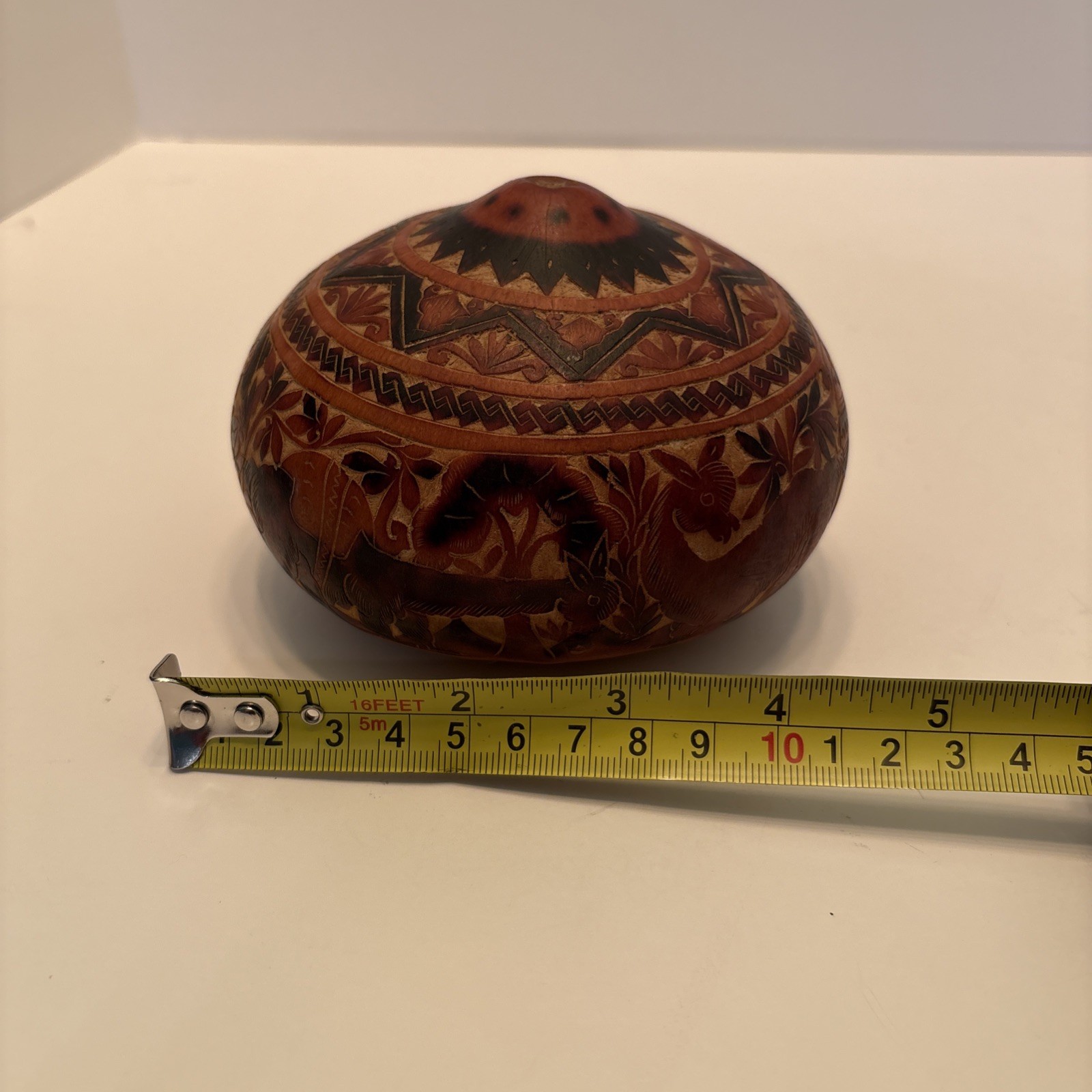 Vintage Peruvian Hand Carved Gourd Story Scene Peru Folk Art Village Life Lama