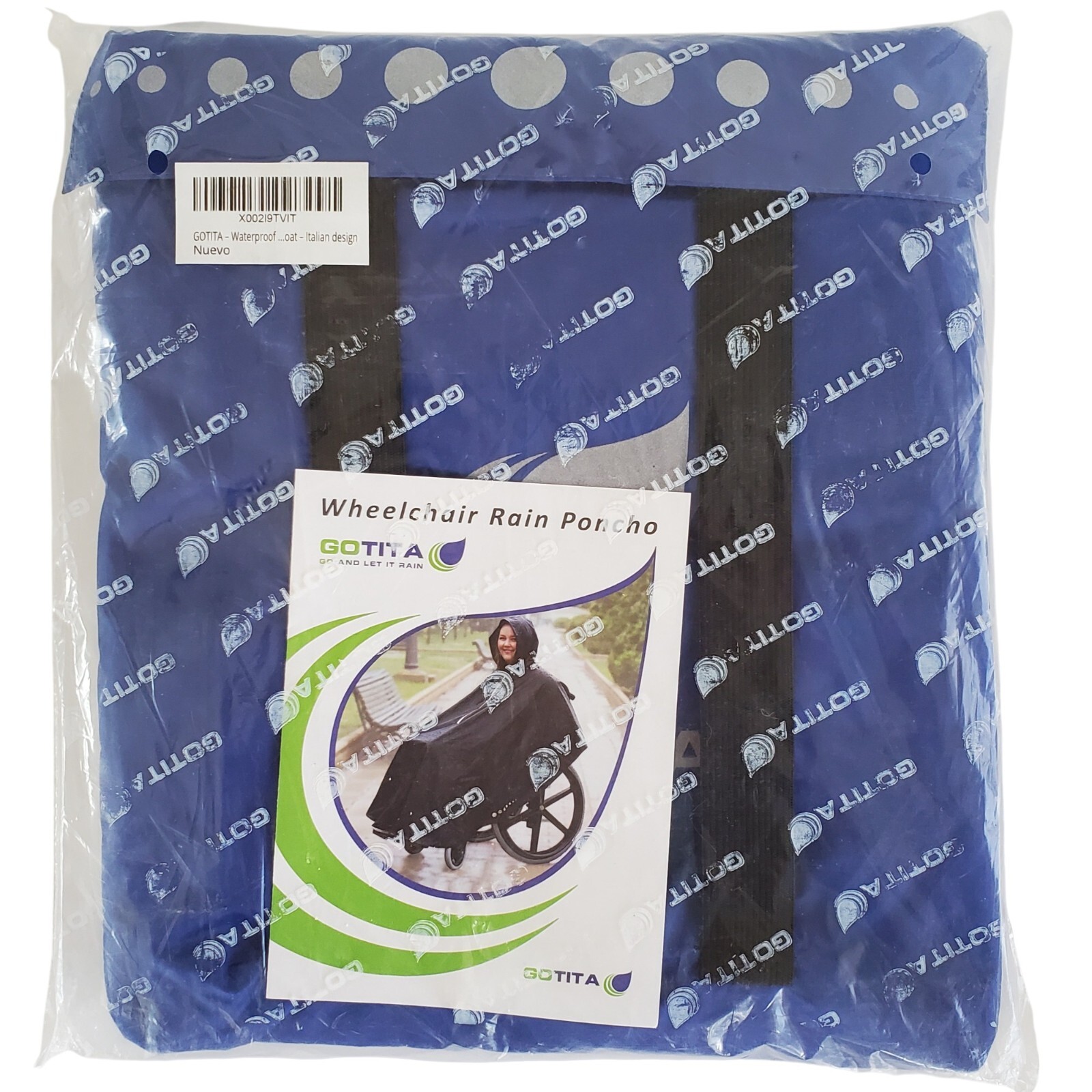 Wheelchair Raincoat Poncho Waterproof Blue Storage Pouch Zipper Hand Grip