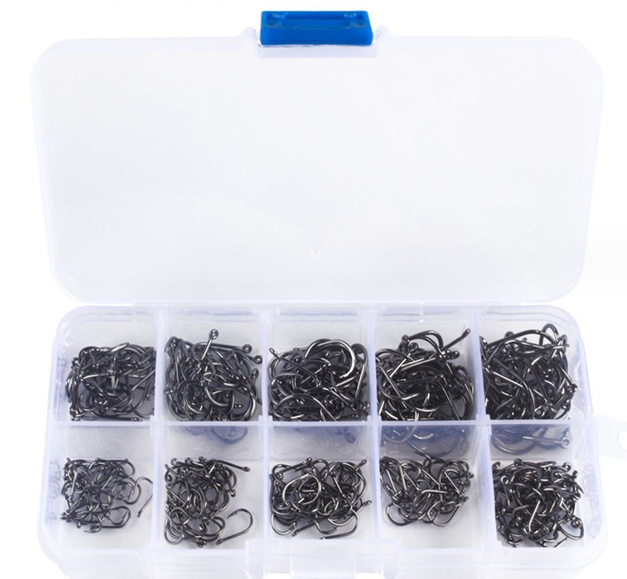 300/1000pc Fish Hooks 10size Fishing Black Silver Sharpened with Box Quality Kit