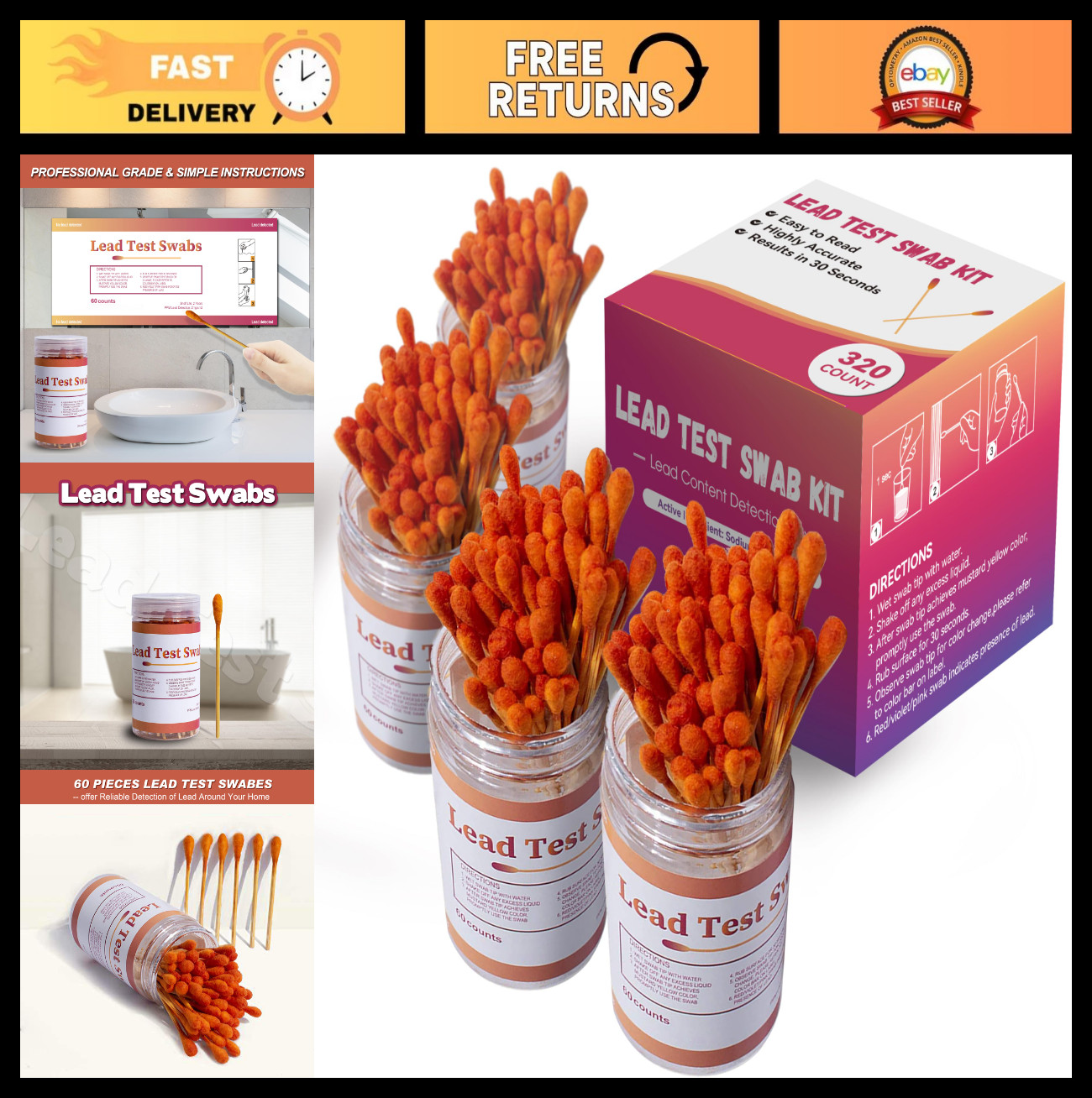 Lead Test Kit - 320 Rapid Testing Swabs, 30-Second Results, Home Use, All Surfac