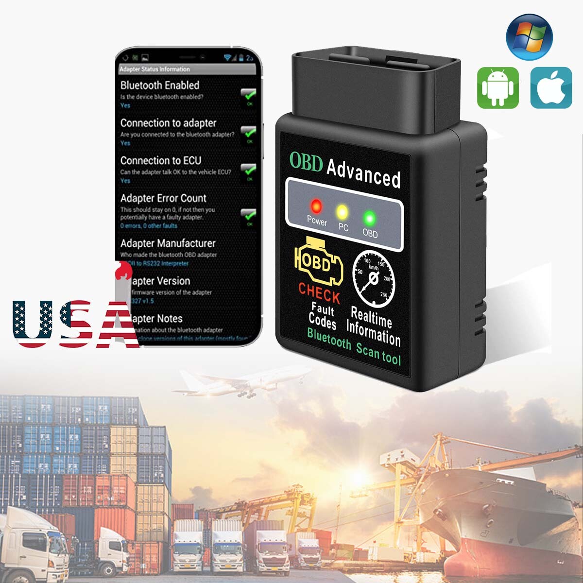 HH OBD V2.1 Bluetooth car fault tester elm327 obdii  supports Android and Apple