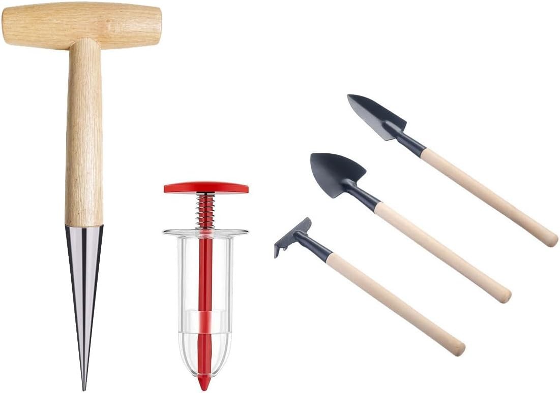 5 Pieces Garden Tools Set for Gardening Women Weeding Hoe rake Wood color