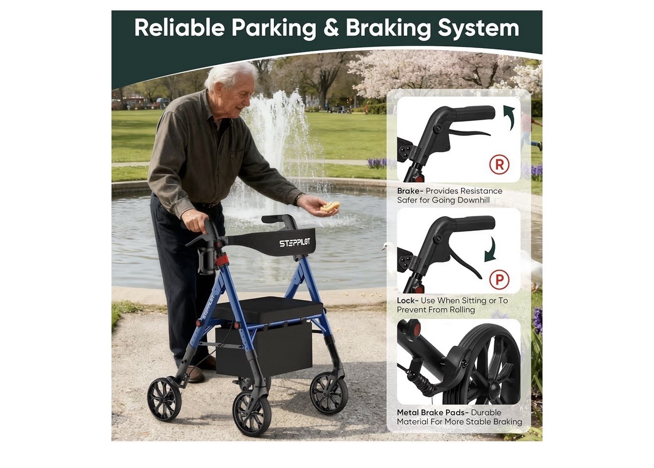 Foldable Aluminum Rollator Walkers with Cushion Seat for Senior 500lbs Max Load