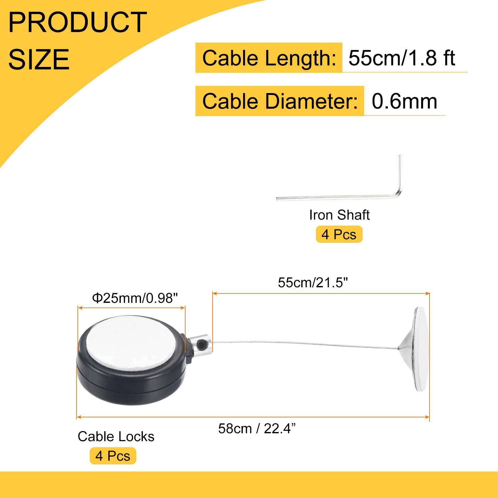 1.8ft Retractable Cable Security Lock with Round Patch Wrench, Black, 4 Pack
