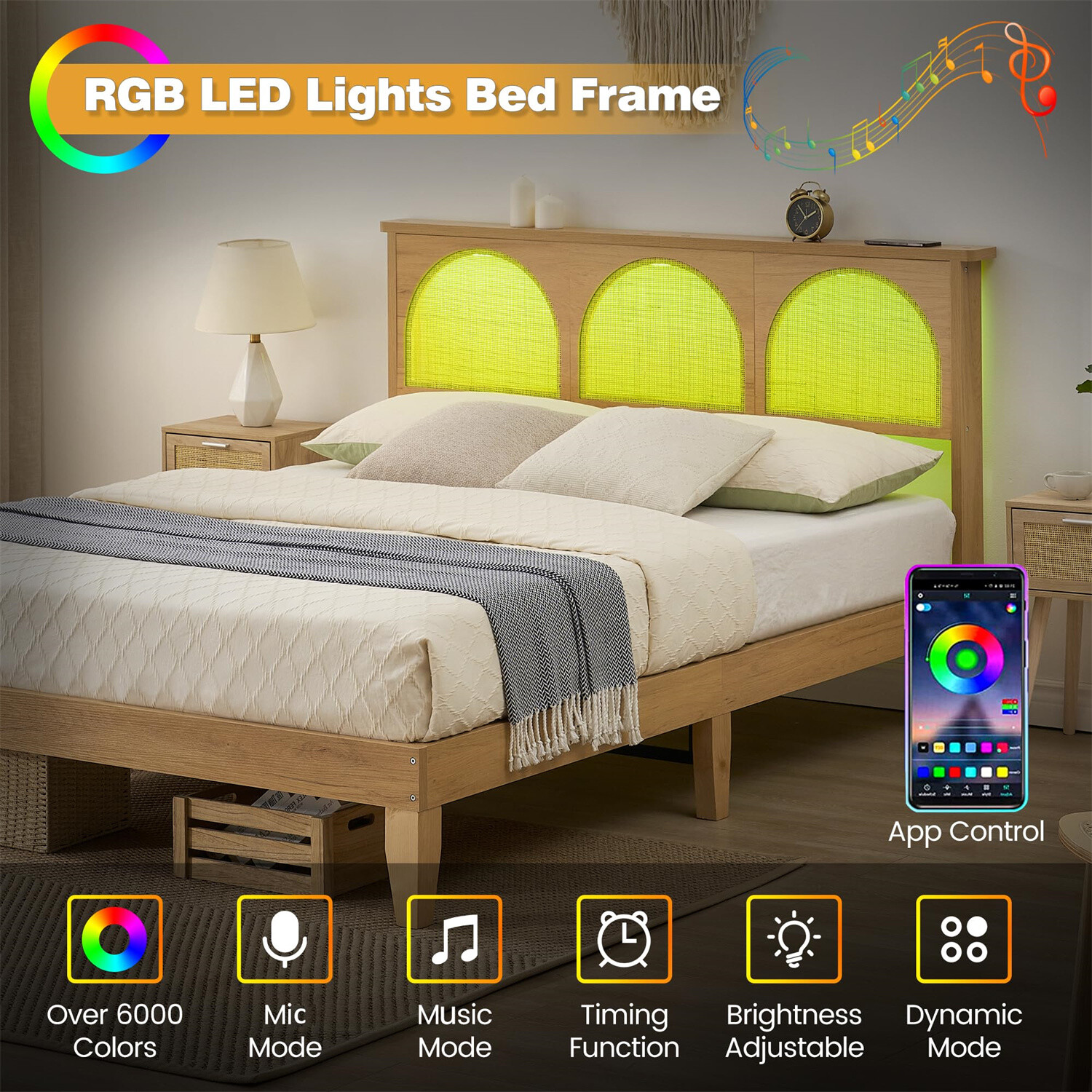 ✅Full Bed Frme with Hedbord nd Nturl Rttn with LED Lights nd Hedbor