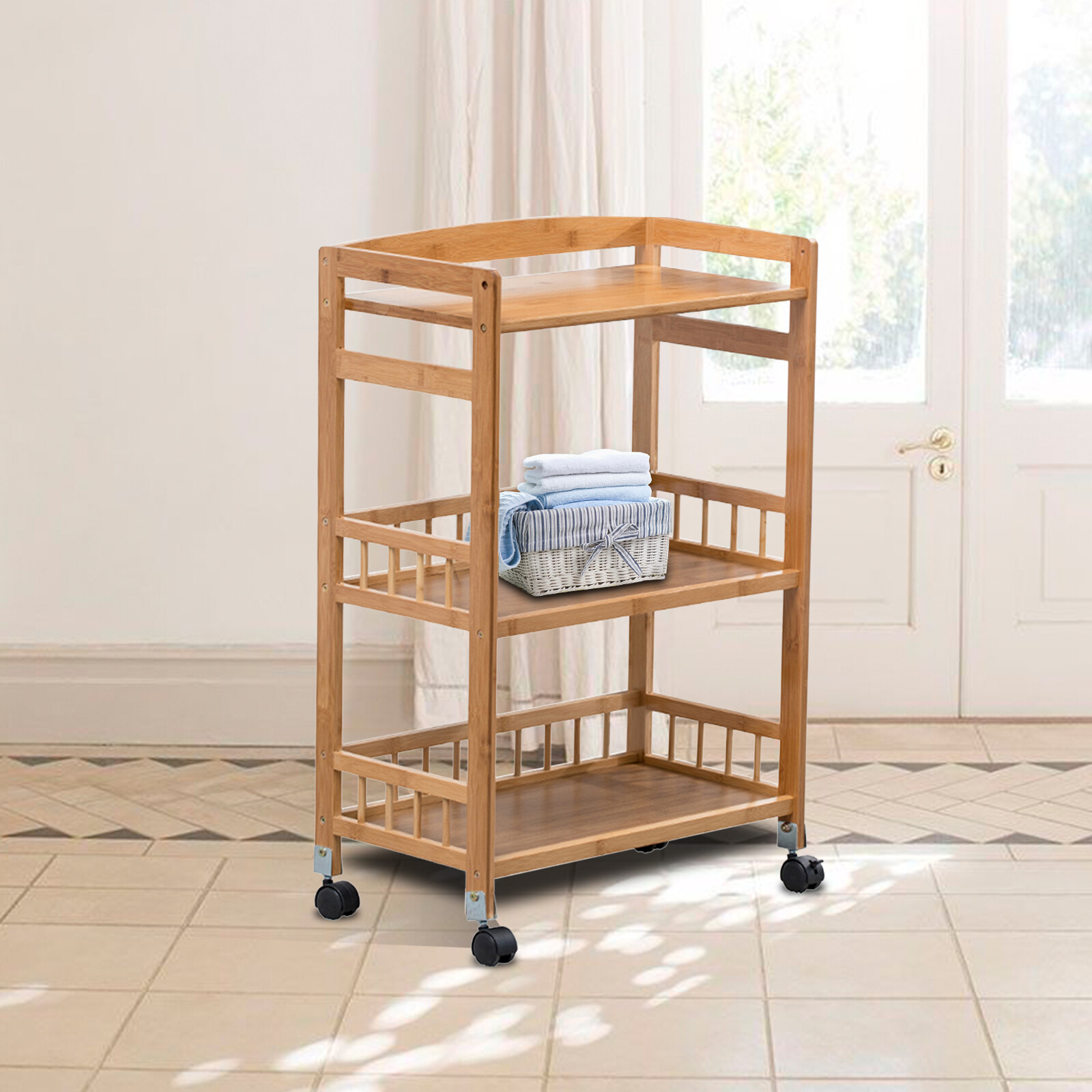 Kitchen Mobile Rolling Serving Cart Storage 3 Tiers Standing Wood Color