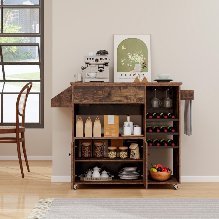 Multifunctional Drop-Leaf Kitchen Island Mobile Cart with 360° Rolling Casters
