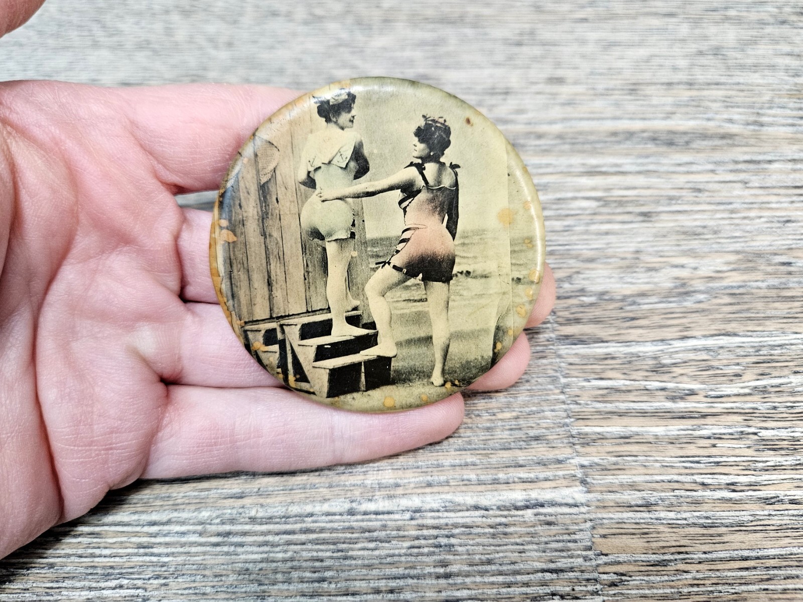 Vintage Celluloid Advertising Pocket Mirror,  Women in Bathing Suits, Cosmetic