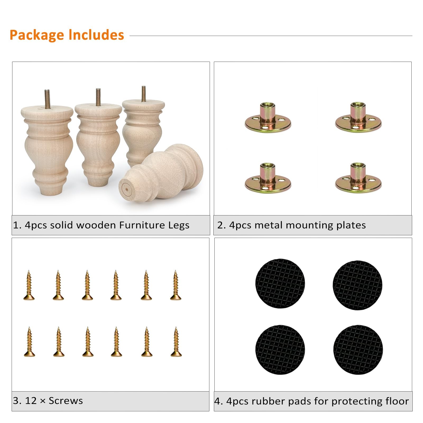 5 Inch Wooden Furniture Legs, Set of 4 Replacement Solid Wood Unfinished Roun...