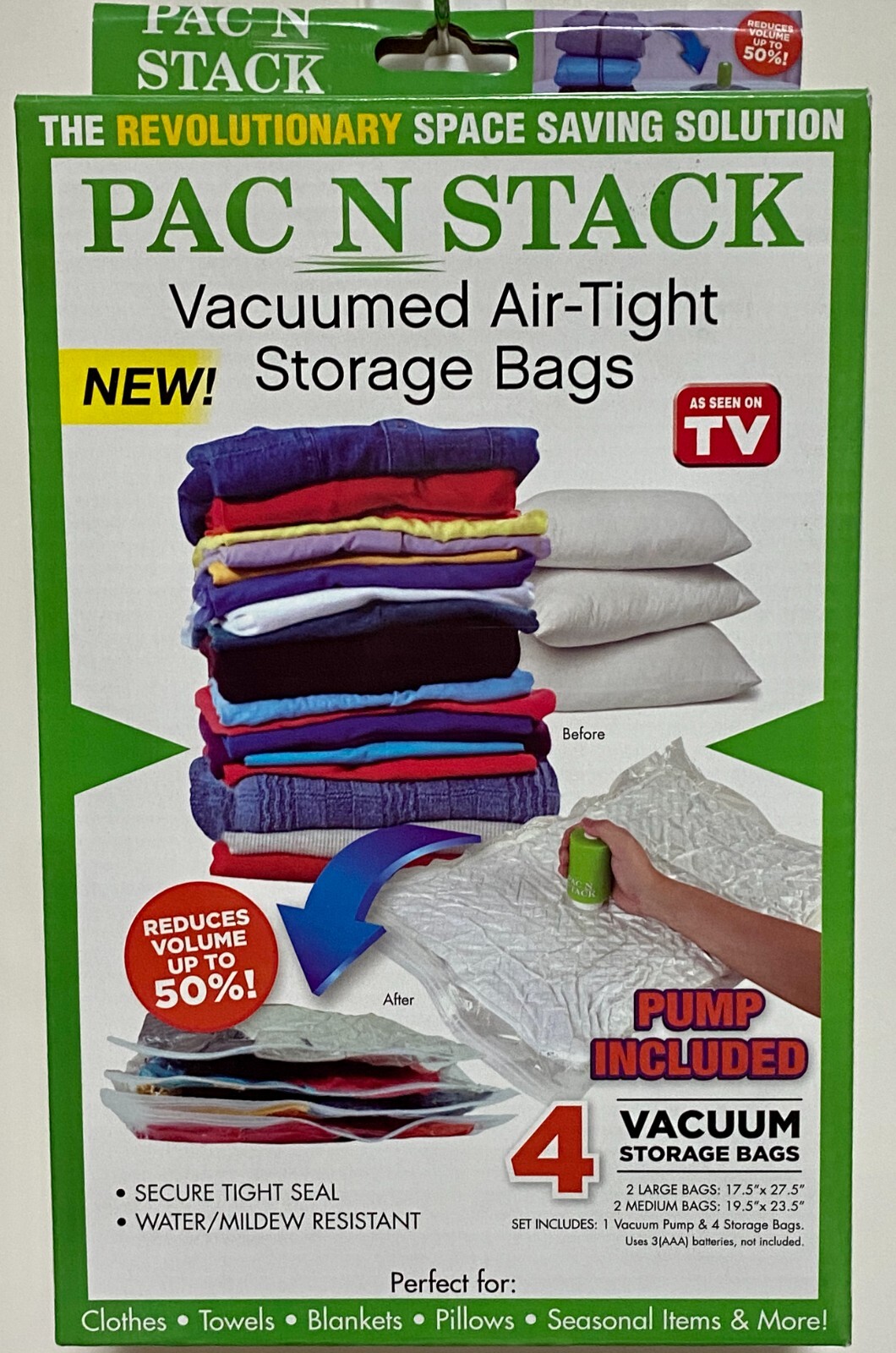 PAC N STACK - Handheld Vacuum Sealing Storage 4 Bags PUMP INCLUDED AS SEEN ON TV
