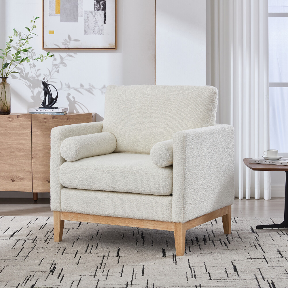 35.4" Modern Farmhouse Accent Chair - Boucle Upholstery & Natural Wood Legs