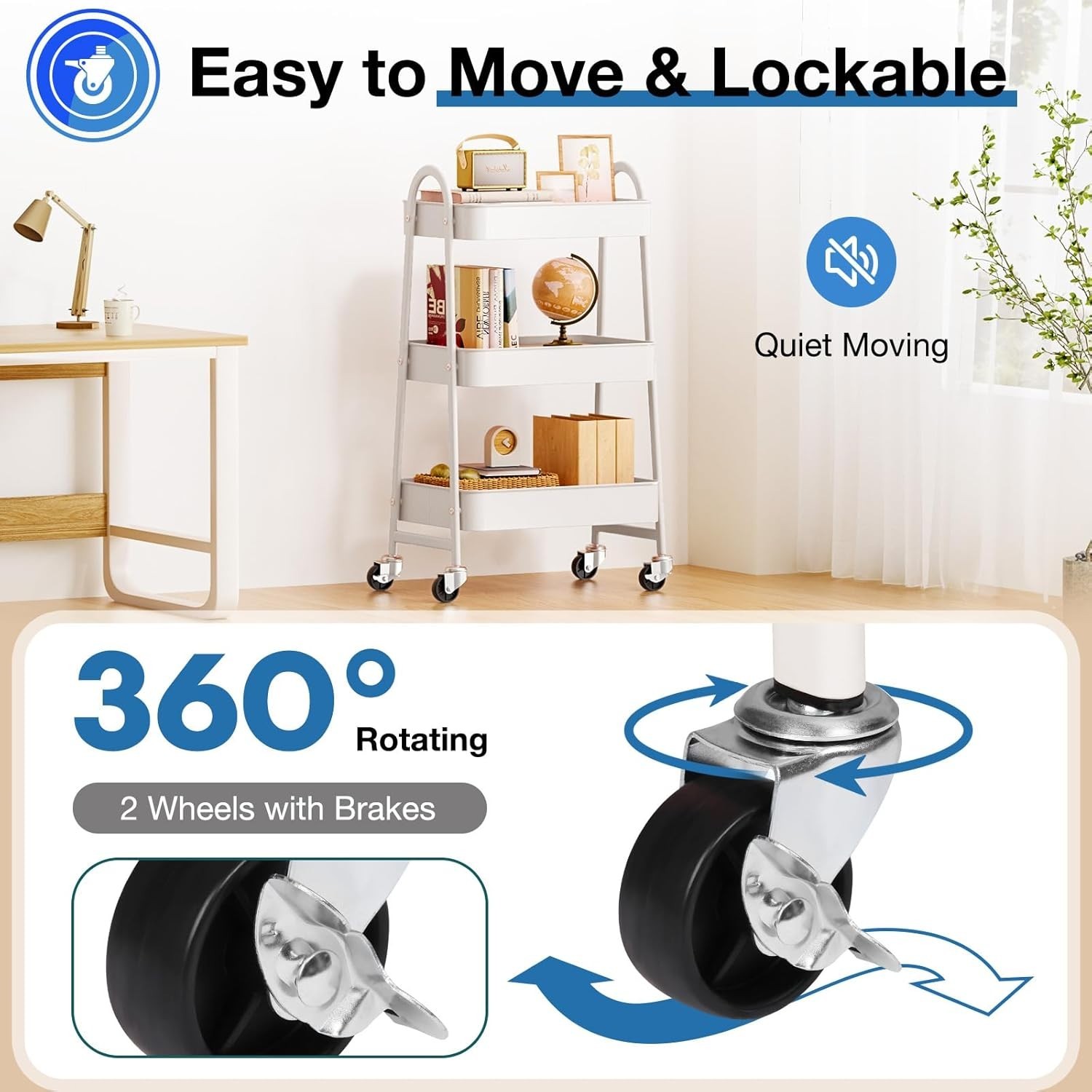 Rolling Storage Cart with Lockable Wheels Metal Utility Organizer Shelf White