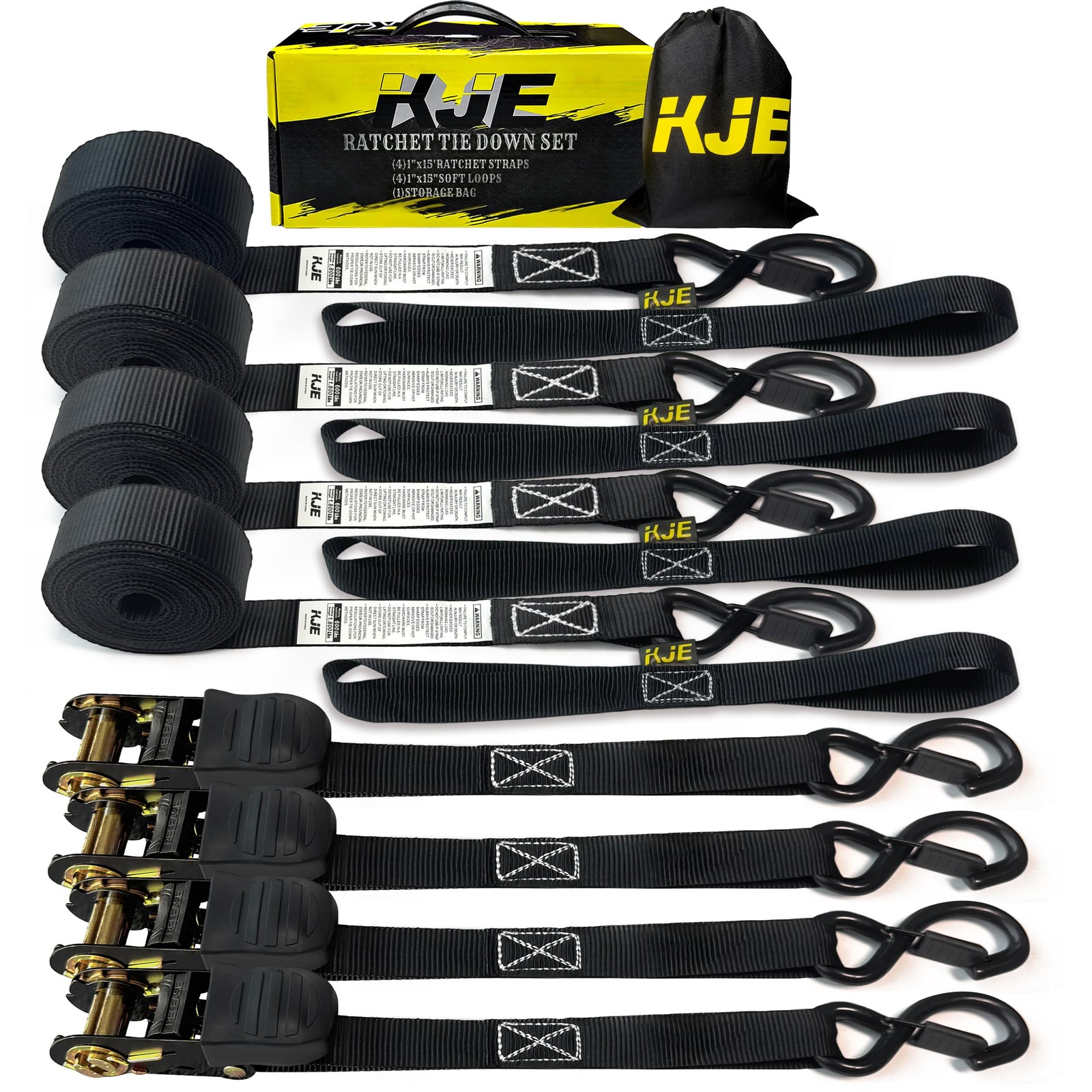 KJE Black Ratchet Straps, (4) 1" x 15' Tie Down Strap Sets + Soft