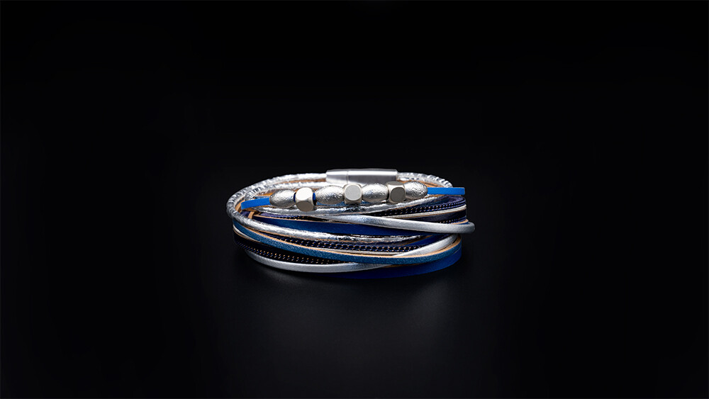 Leather Bracelet Silver beads / Navy Blue