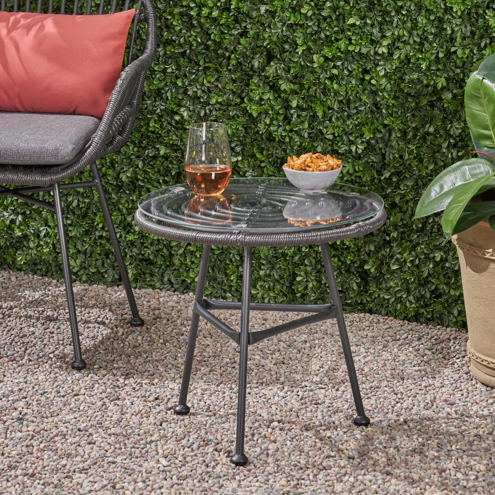 Orlando Outdoor Glass Top Faux Rattan Side Table Tempered Glass End Table for