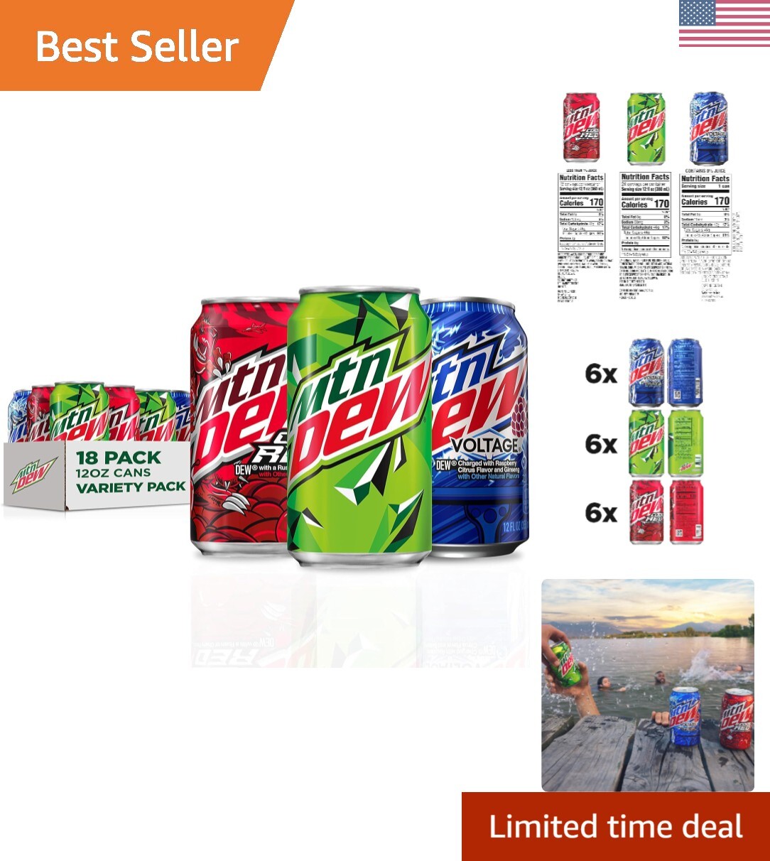 Mtn Dew 3 Flavor Variety Pack: Code Red, Voltage & Original - 12 Fl Oz, 18 Cans
