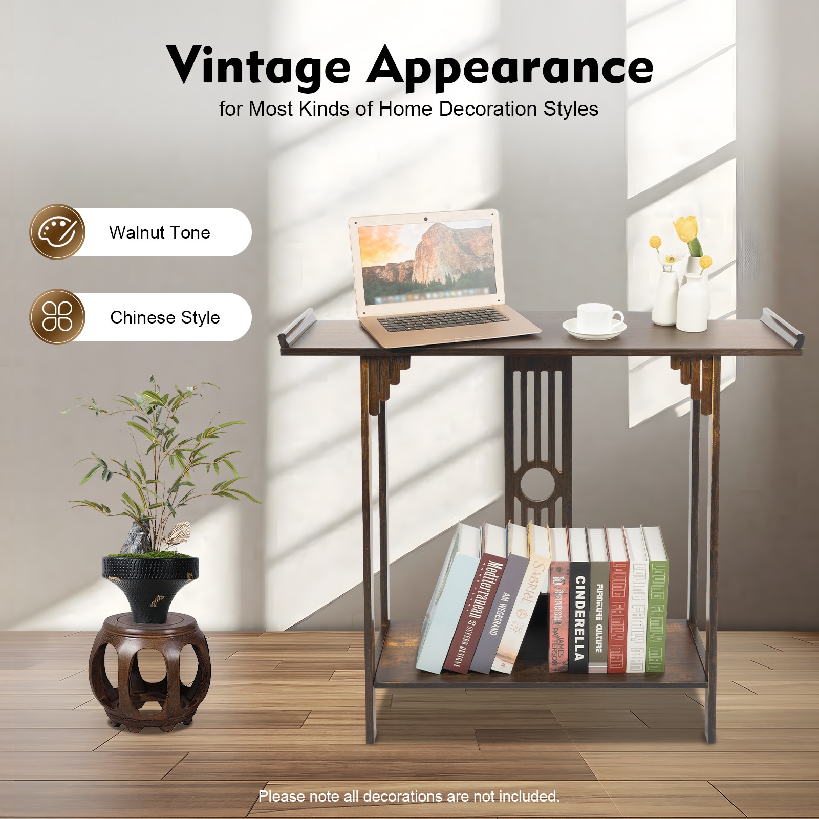 2-Layer Vintage Console Table Sofa Side Table Entryway Table Bamboo Shelf